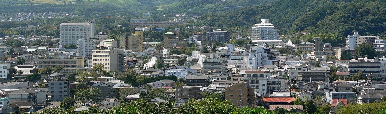 鉄輪温泉街を見下ろす景色と湯けむり