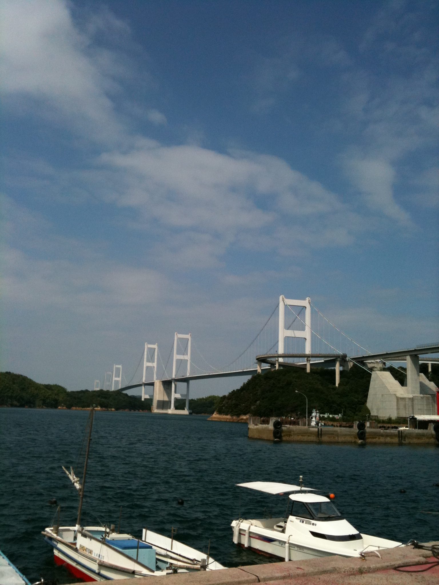 よしうみいきいき館から見た来島海峡大橋の三連吊り橋