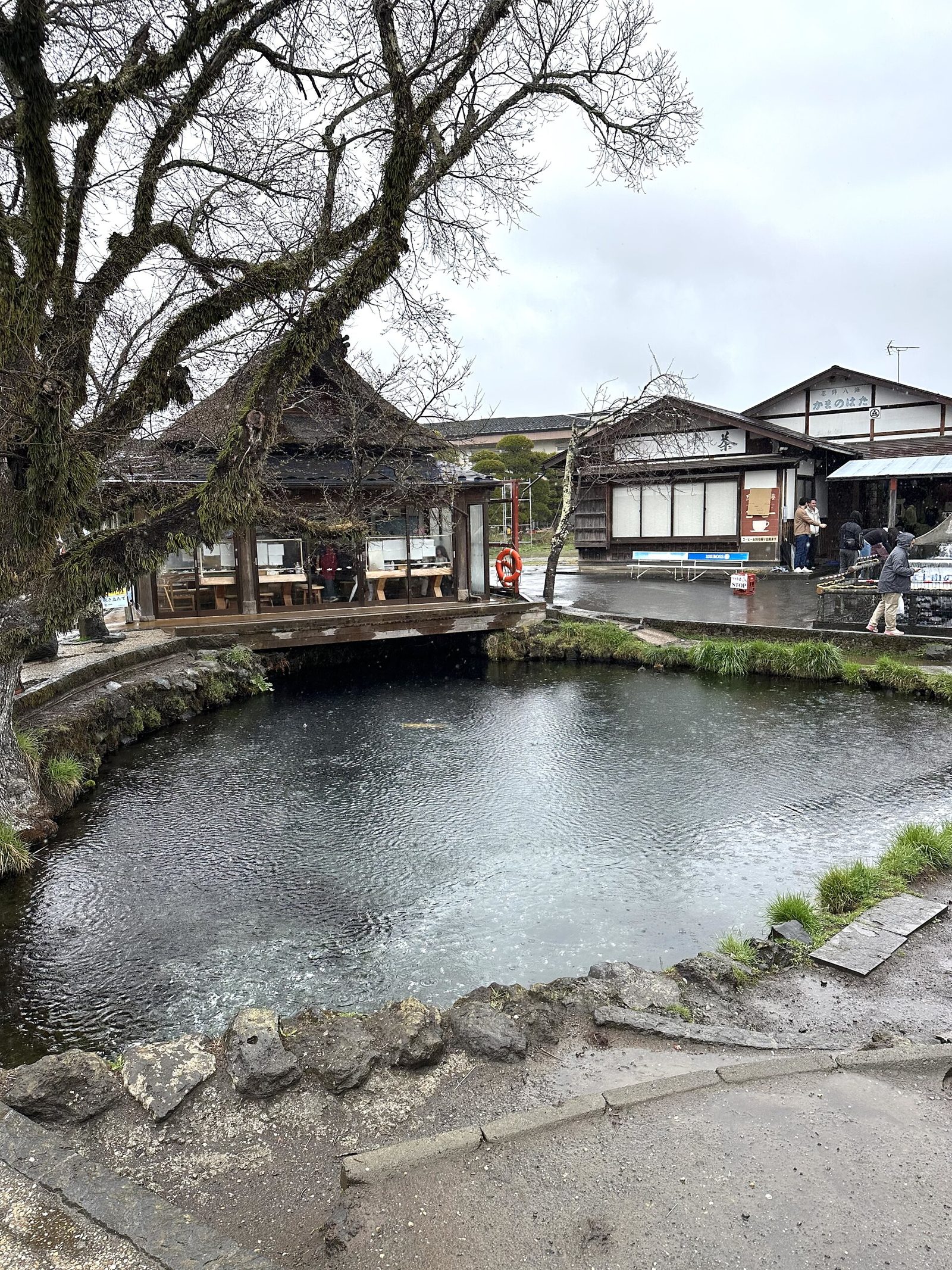 忍野八海の池と茶屋の建物