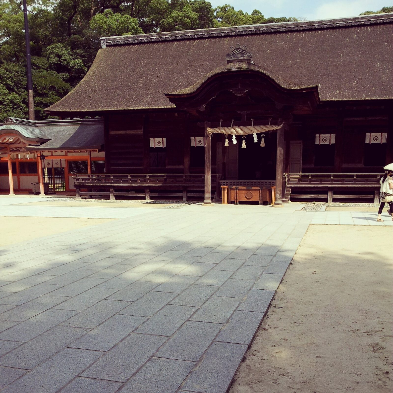 茅葺き屋根の大山祇神社本殿と境内