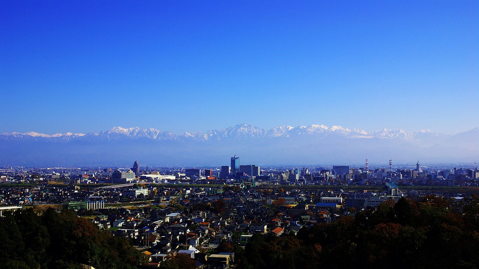 雪をかぶった立山連峰と富山市街の眺め