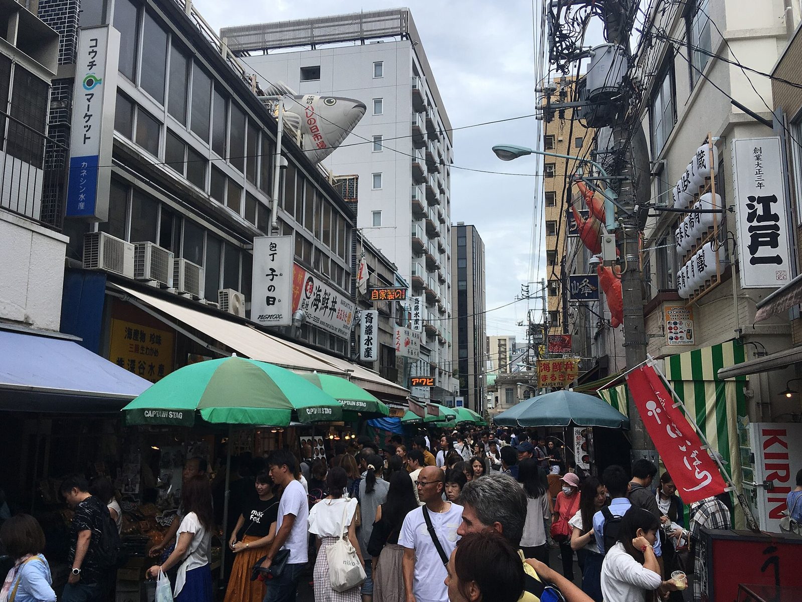 築地場外市場の通りと軒を連ねる海鮮店の看板